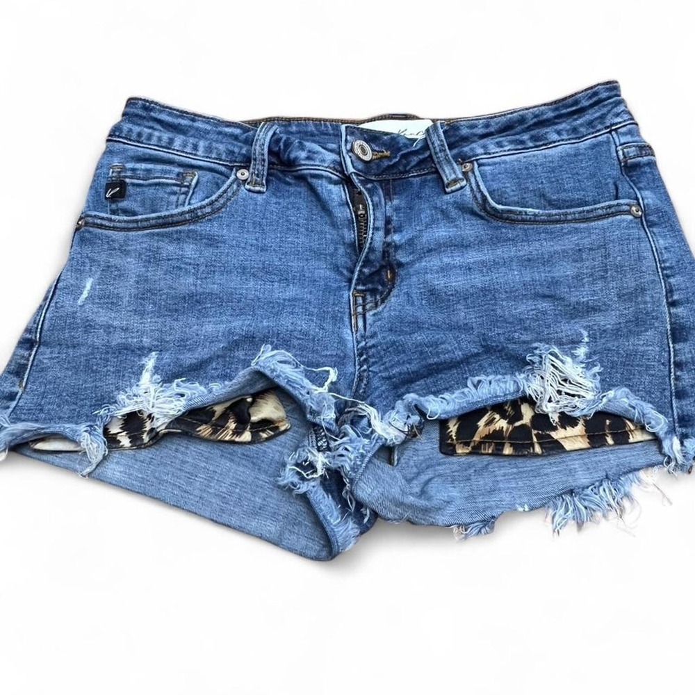 Kancan Distressed Denim Shorts Leopard Print Pocket Medium Wash KC6240M Size M